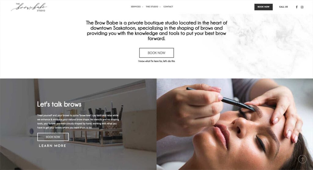 Device displaying web design for Brow Babe Studio