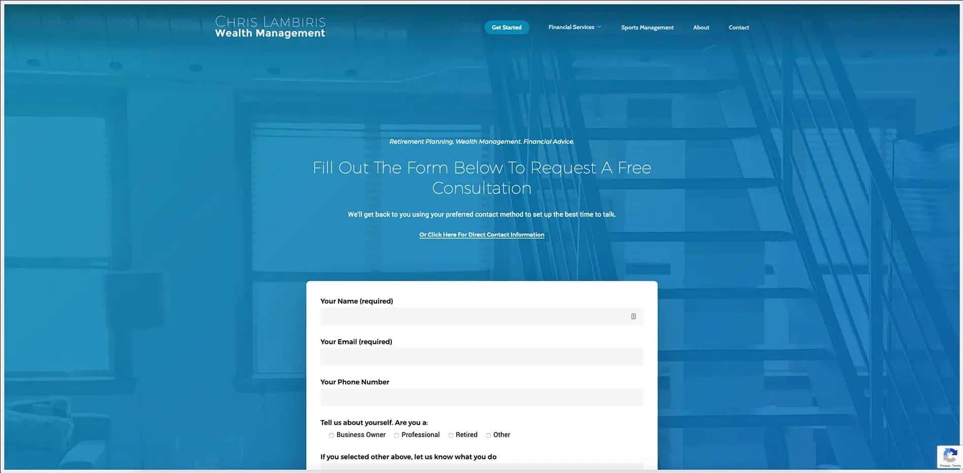 Device displaying the web design for Chris Lambiris, Financial Advisor