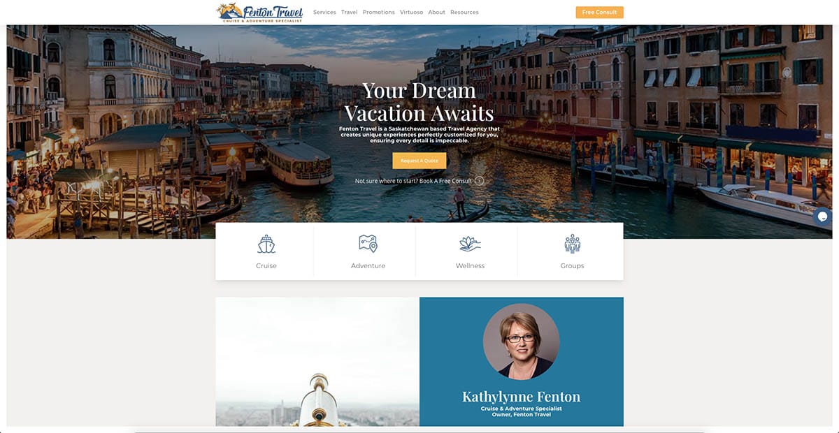 Device displaying the web design for Fenton Travel