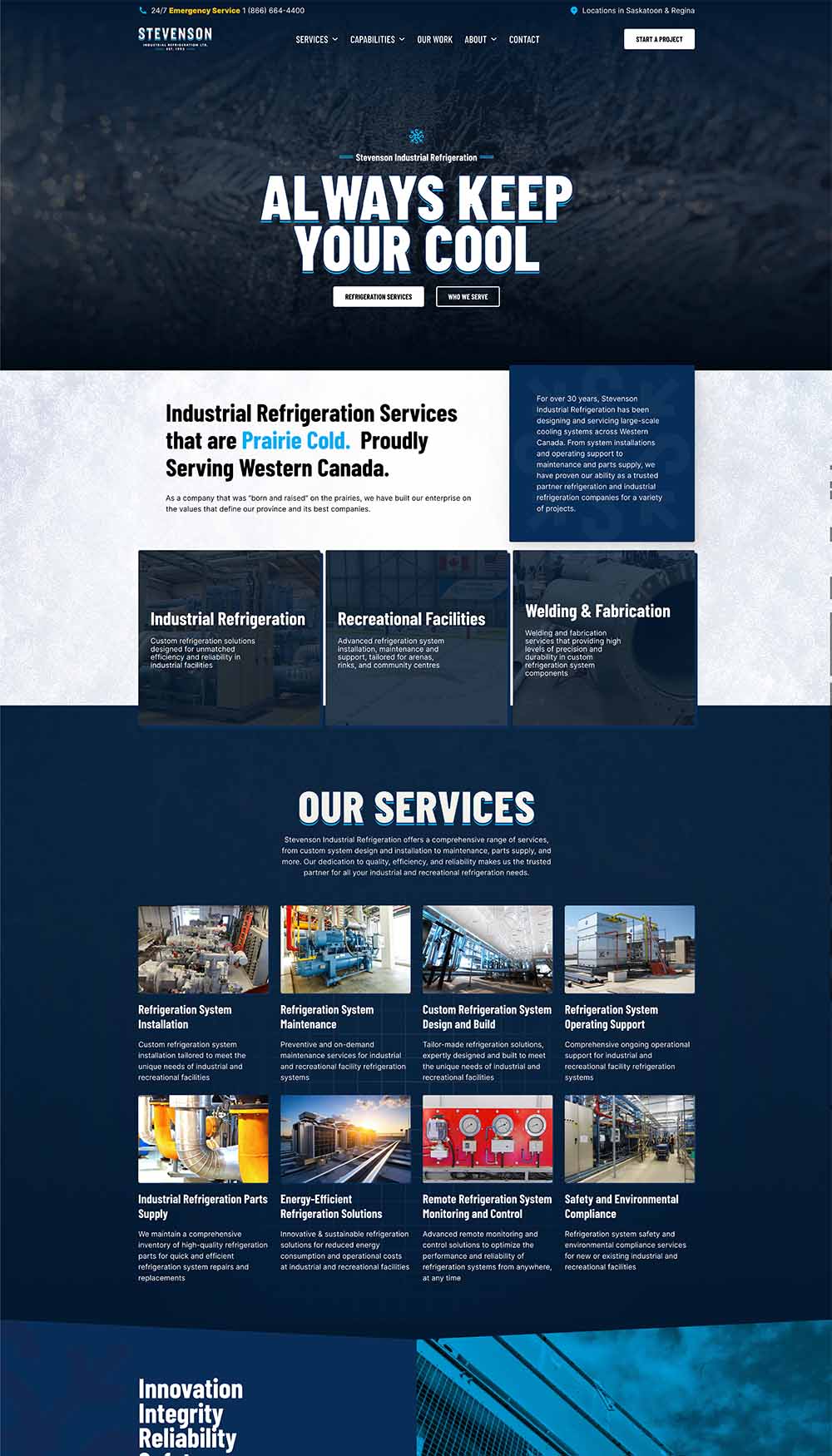 Screenshot of full height web design for Stevenson Industrial Refrigeration