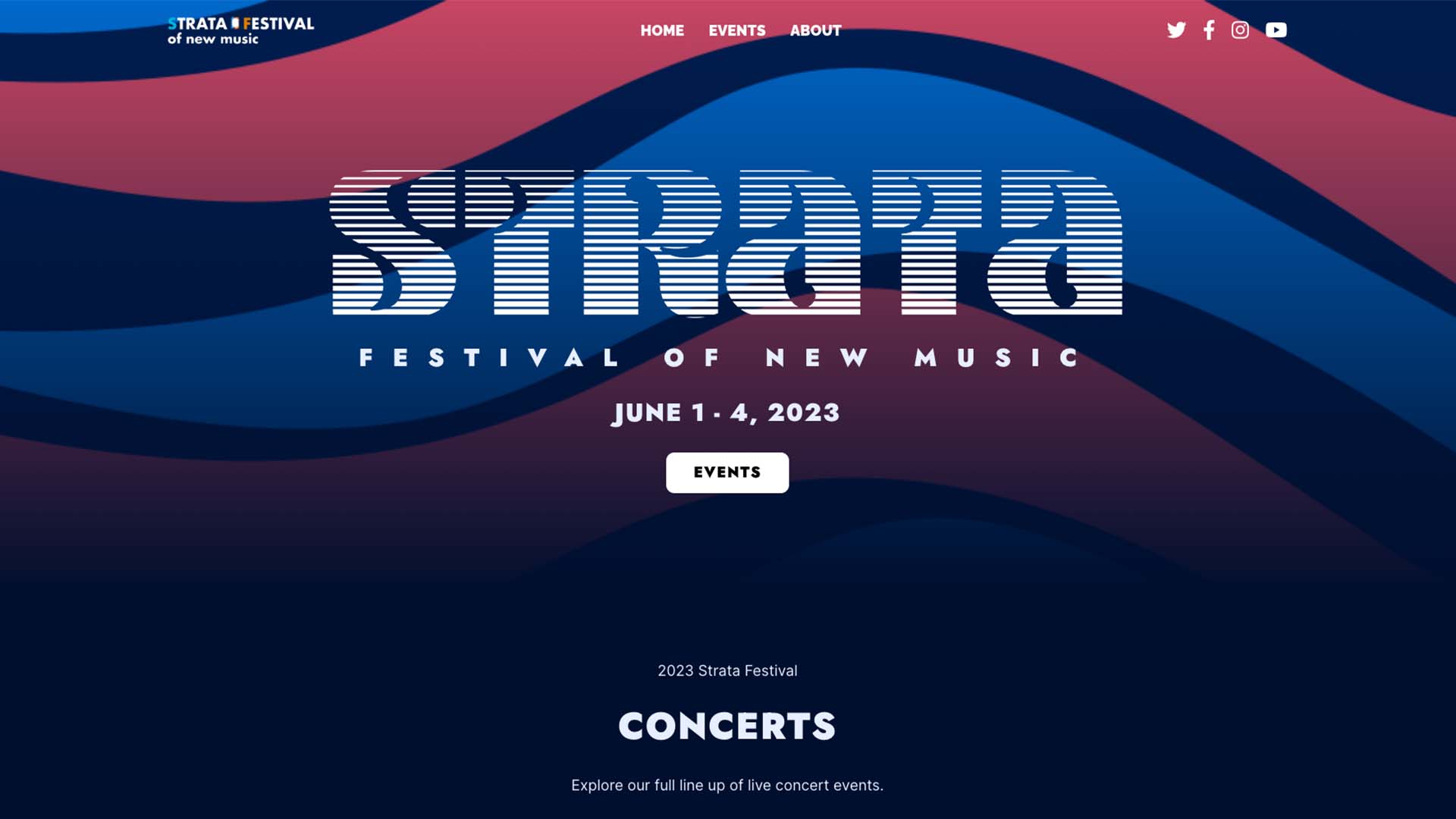Screenshot of full height web design for Strata Festival of New Music
