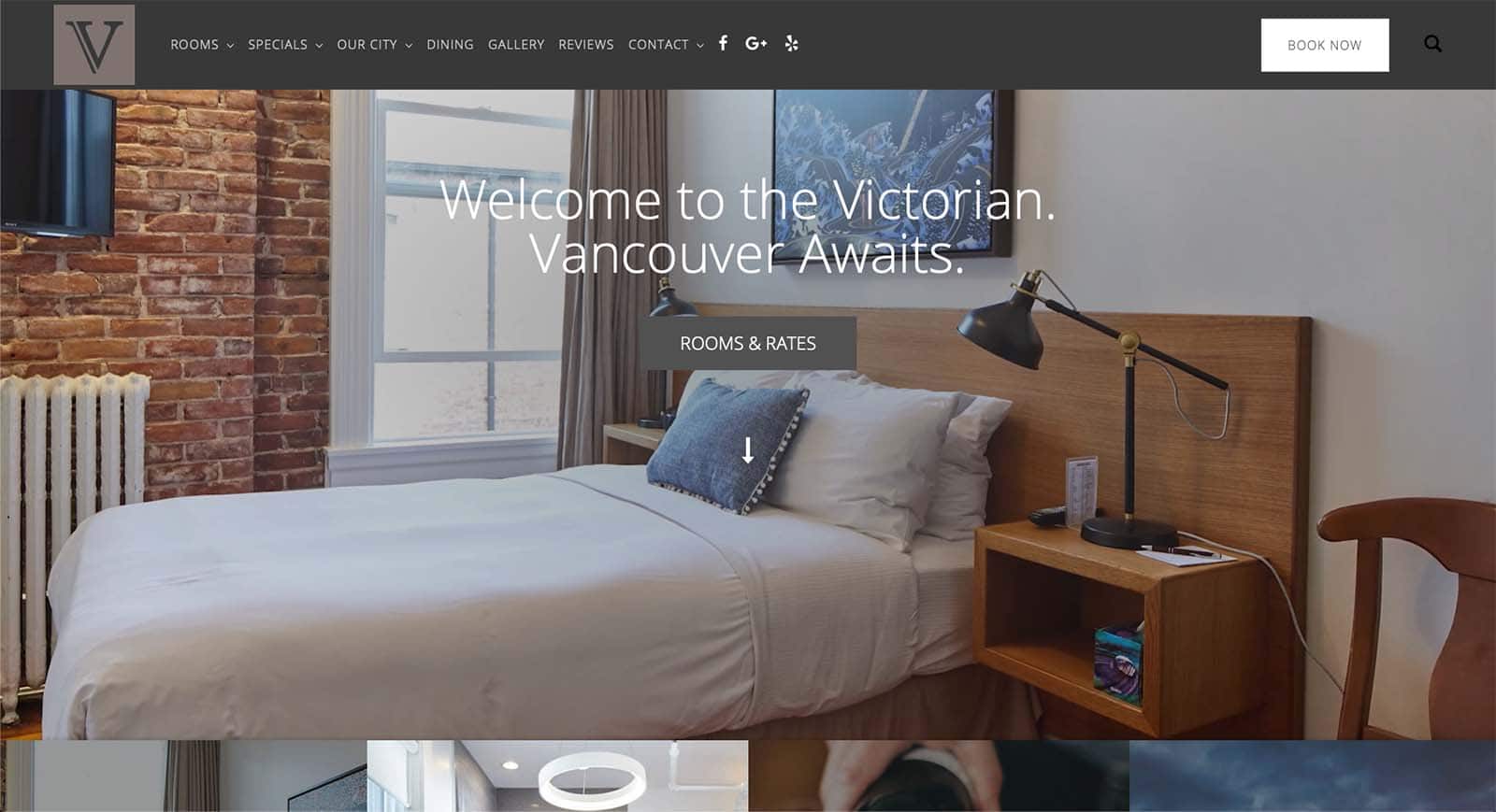 Device displaying the web design for Victorian Hotel Vancouver