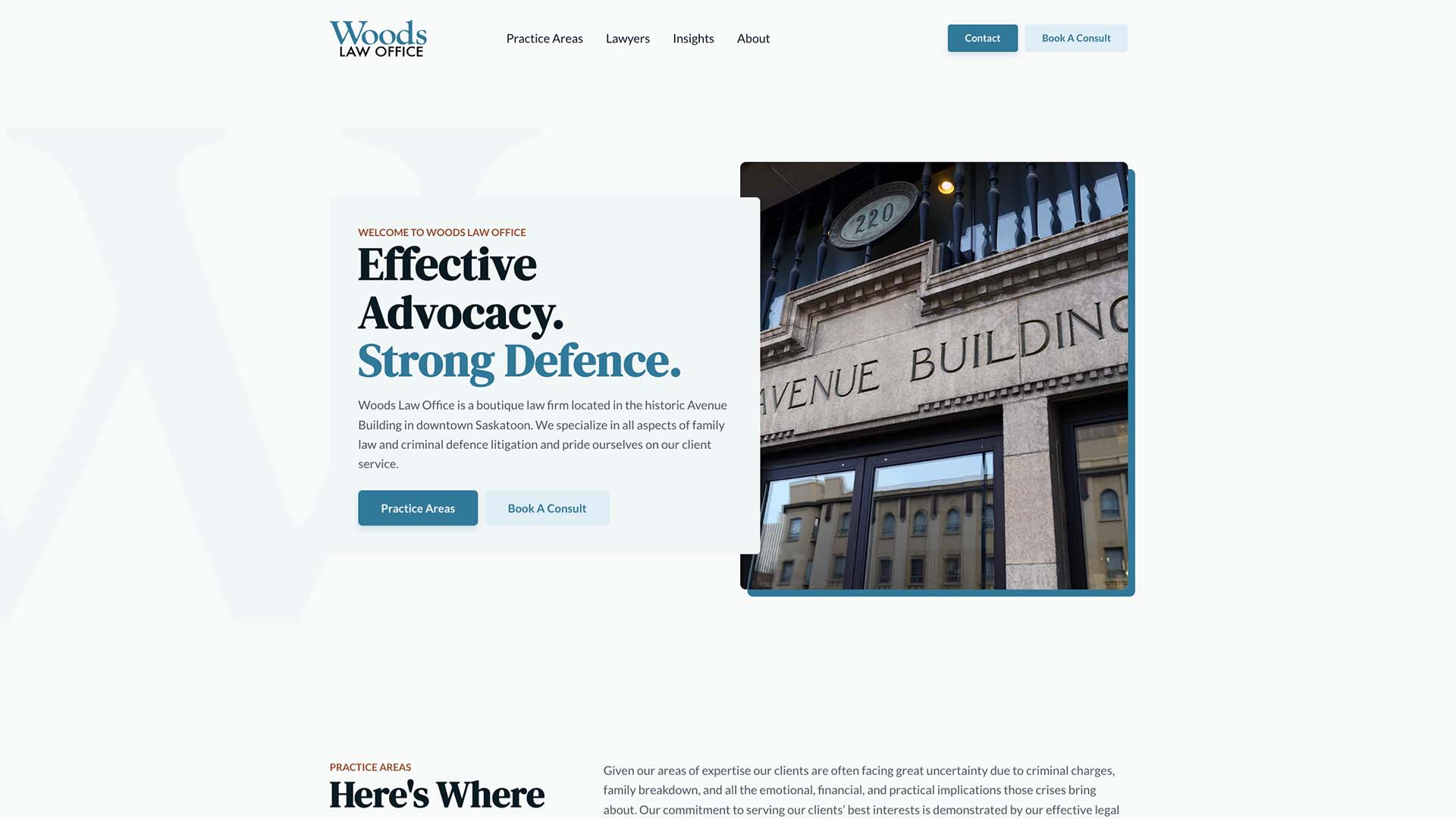 Device displaying the web design for Woods Law Office