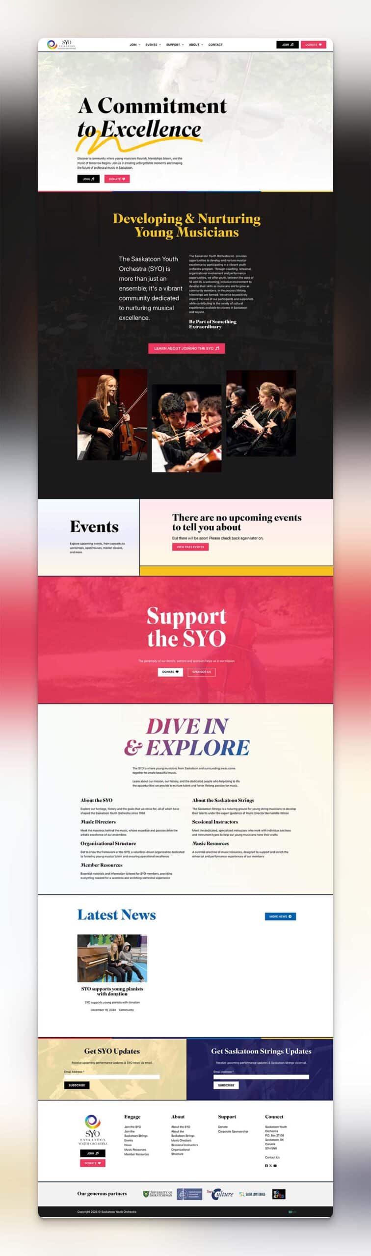 Screenshot of full height web design for Saskatoon Youth Orchestra