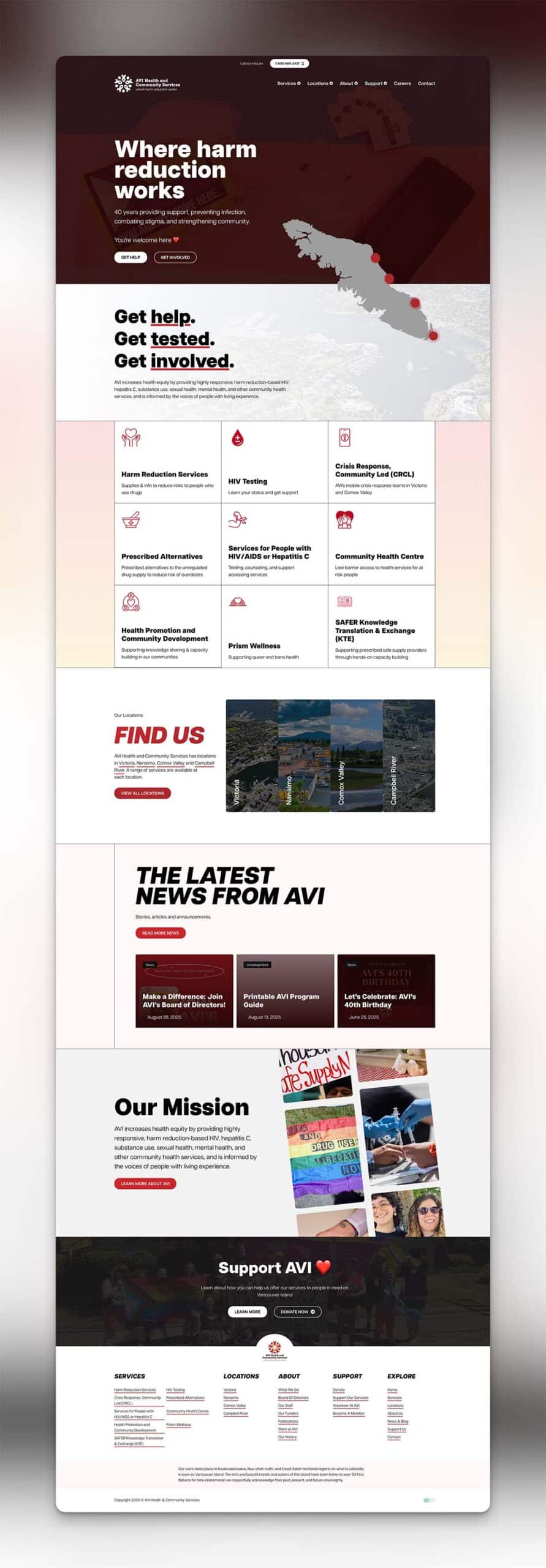 Screenshot of full height web design for AVI Health & Community Services