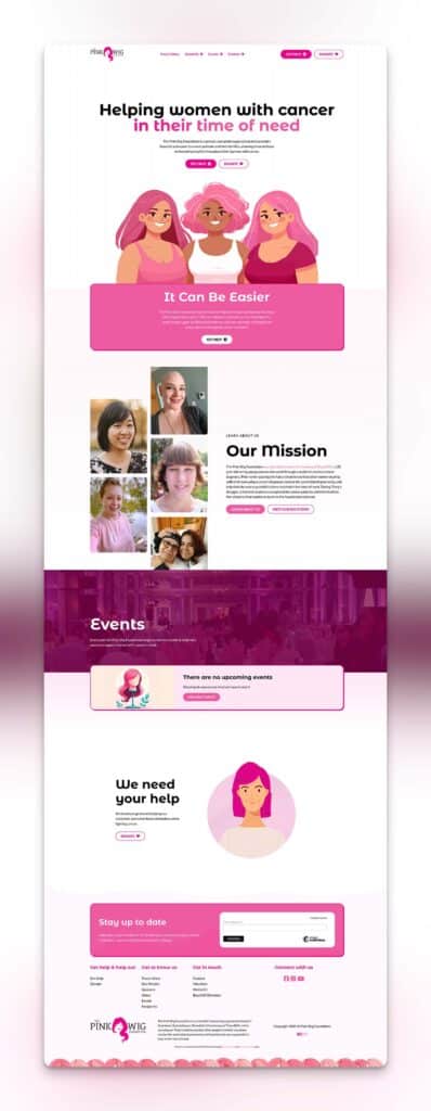 Device displaying the web design for Pink Wig Foundation