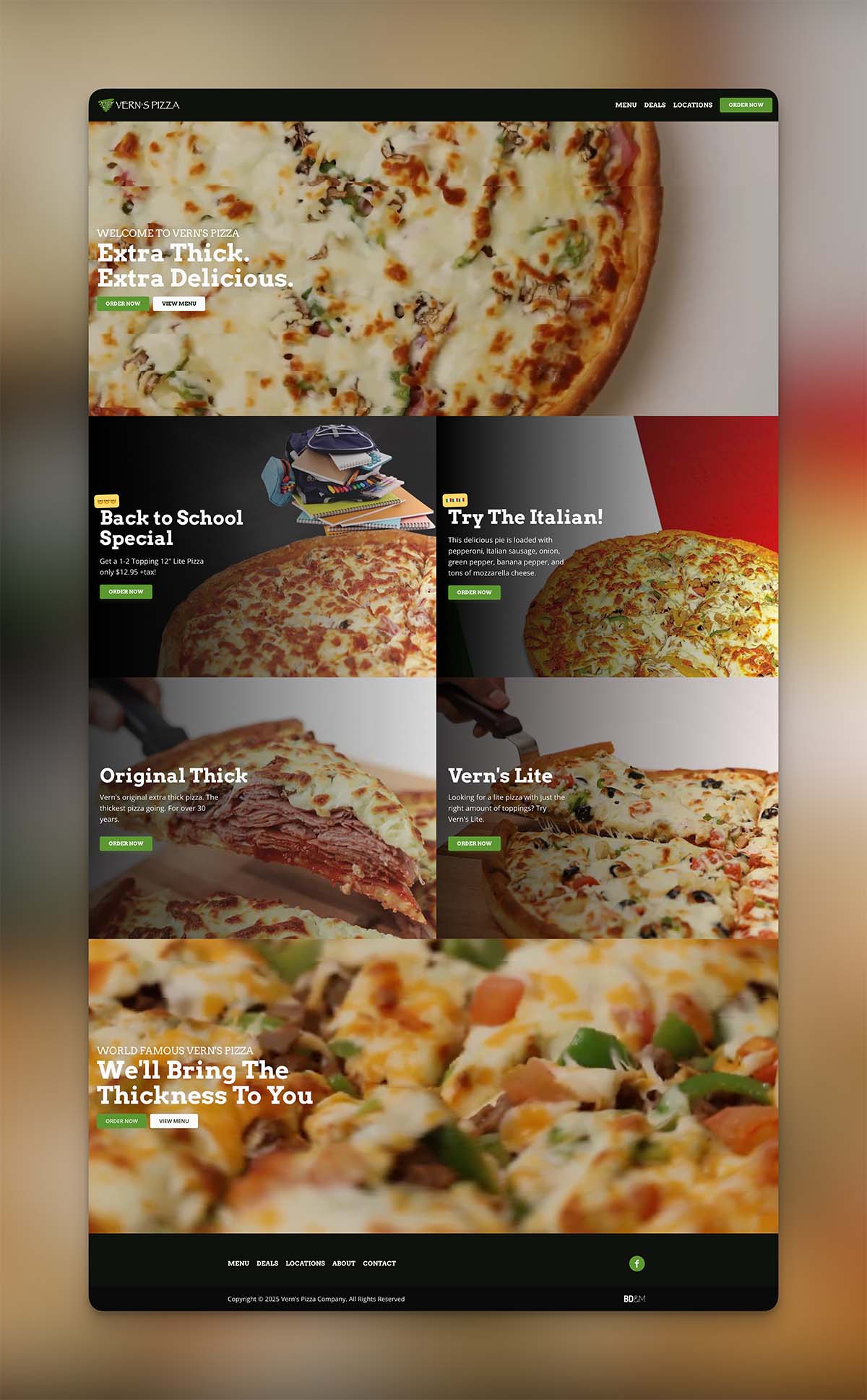 Screenshot of full height web design for Vern’s Pizza